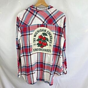 Upcycled Red Blue LS Flannel Top Sz Large Michigan Cherries Torch Lake Camping